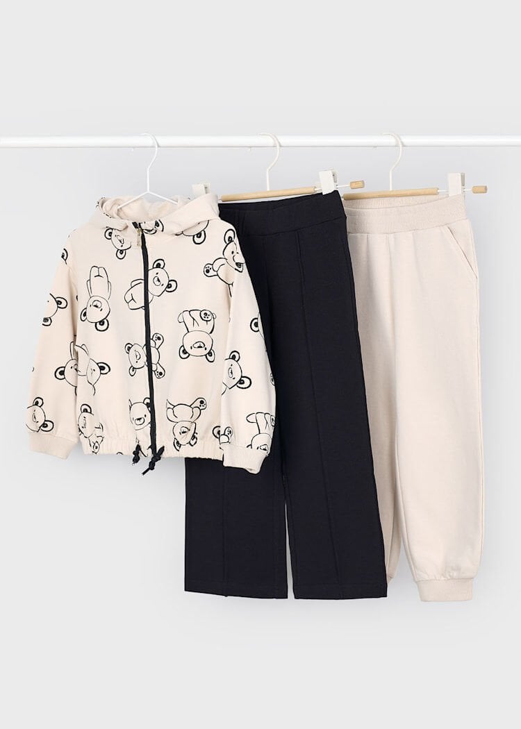 Mayoral Kız Çocuk Ayıcık Desenli Sweatshirt ve 2 Pantolon 3’lü Takım – Ekru/Siyah