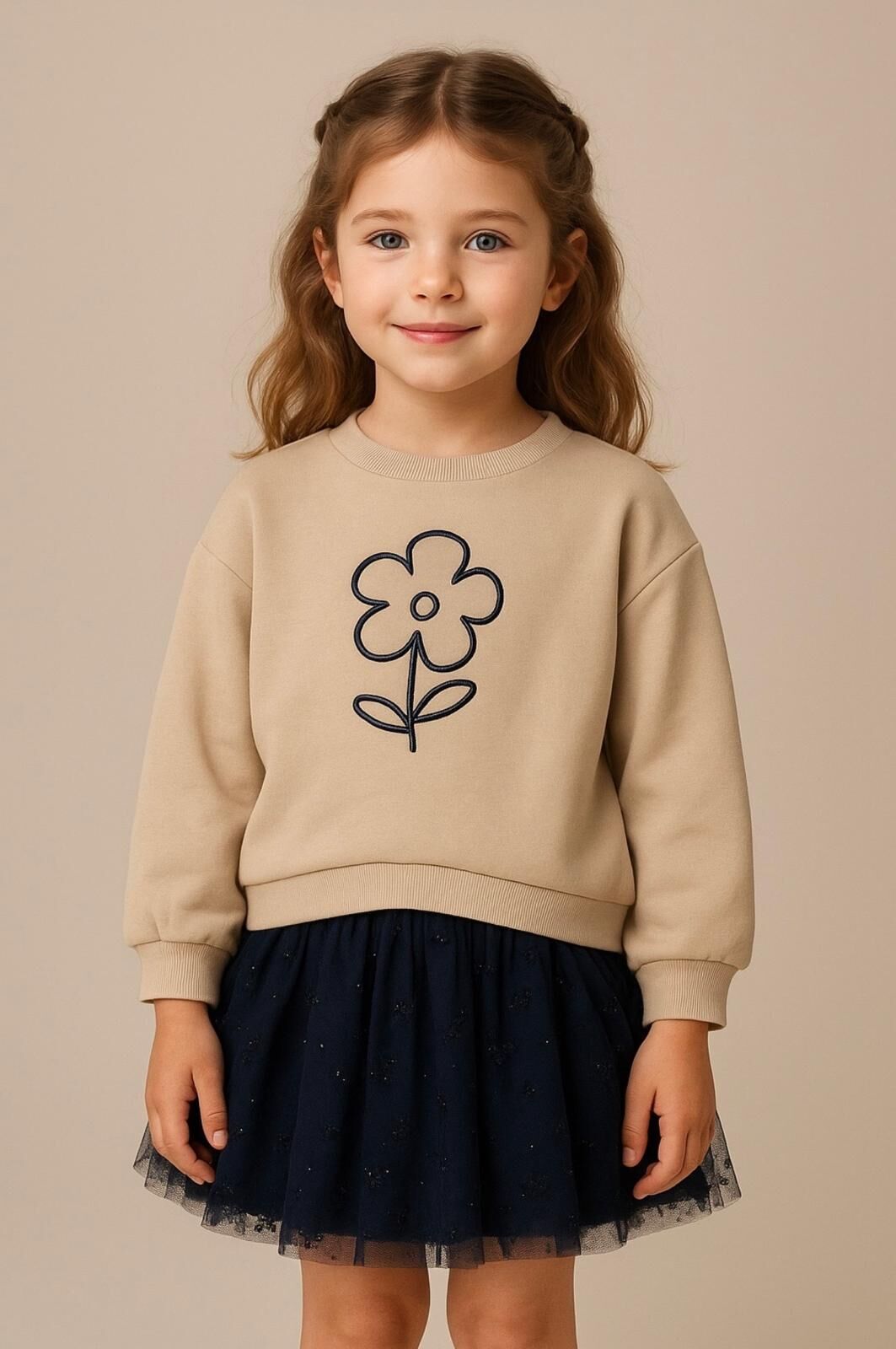 Mayoral Kız Çocuk Bej Sweatshirt ve Lacivert Tül Etek Takım