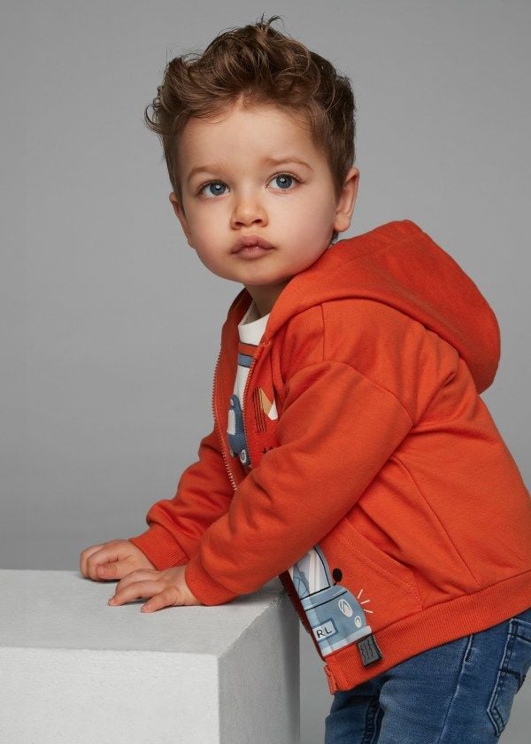 Mayoral Erkek Bebek Araba Baskılı Kapüşonlu Fermuarlı Sweatshirt – Turuncu