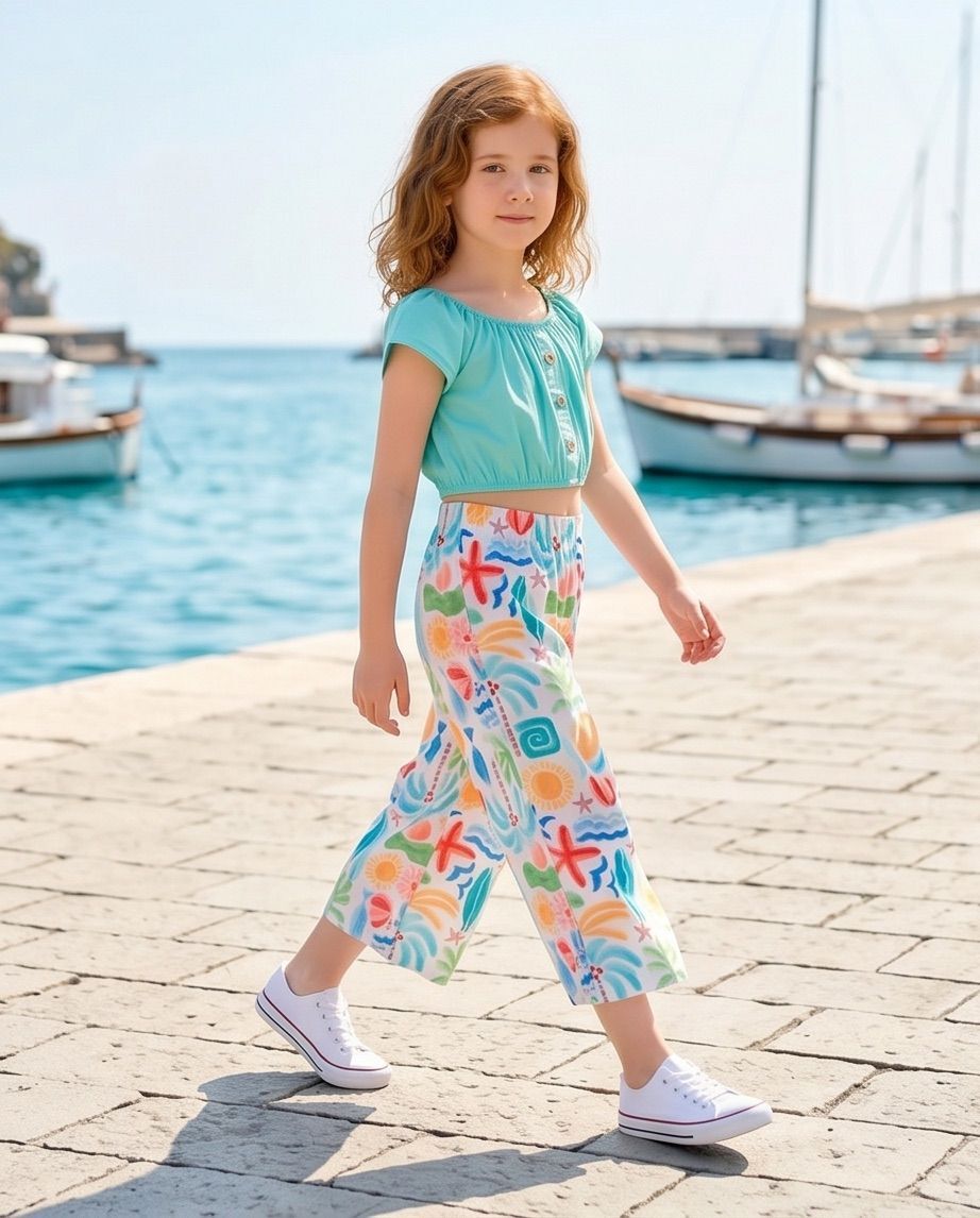 MAYORAL KIZ ÇOCUK CROP BLUZ - DESENLİ PANTOLON İKİLİ TAKIM