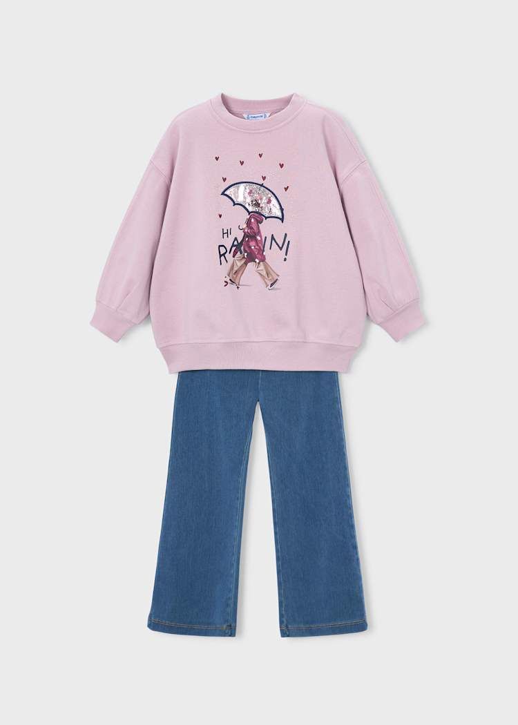Mayoral Kız Çocuk Pembe Sweatshirt ve Denim Görünümlü Pantolon Takım