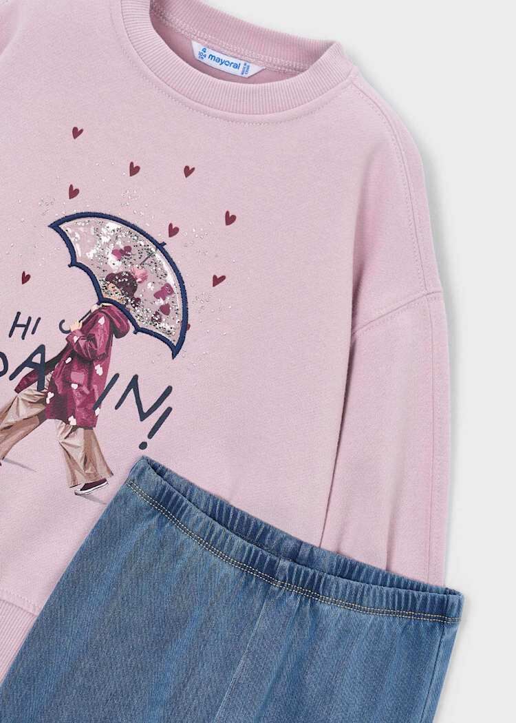 Mayoral Kız Çocuk Pembe Sweatshirt ve Denim Görünümlü Pantolon Takım