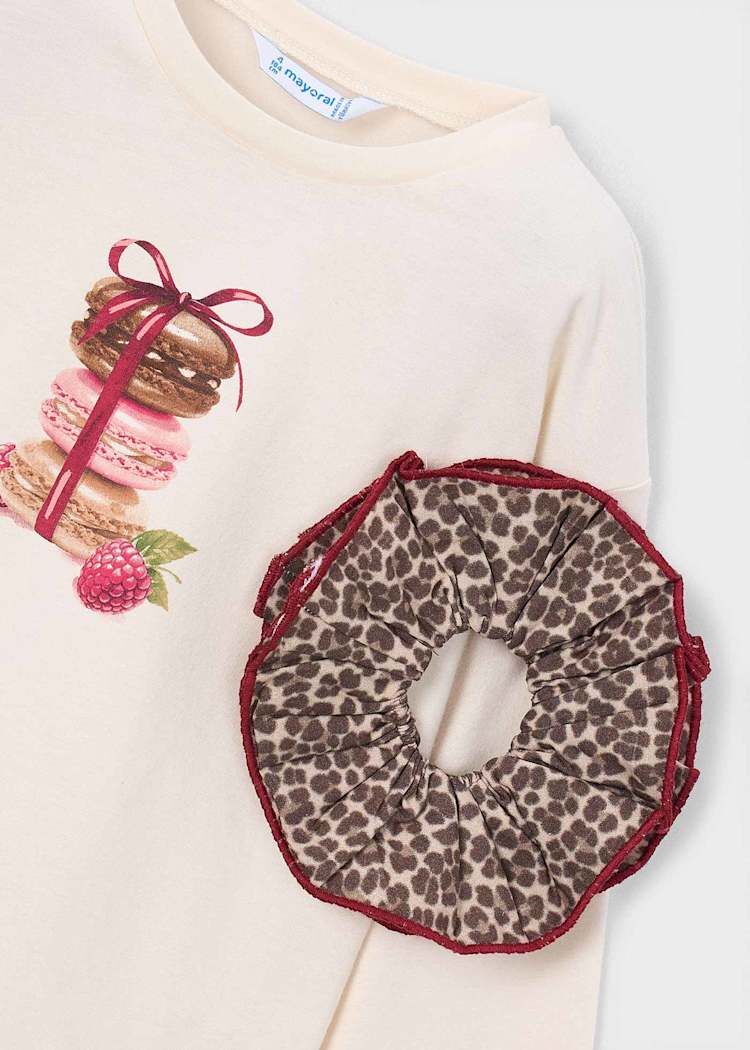 Mayoral Kız Çocuk Makaron Baskılı Uzun Kollu T-Shirt ve Saç Tokası