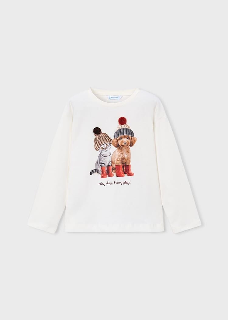 Mayoral Kız Çocuk Ekru Kedi ve Köpek Baskılı Uzun Kollu T-Shirt