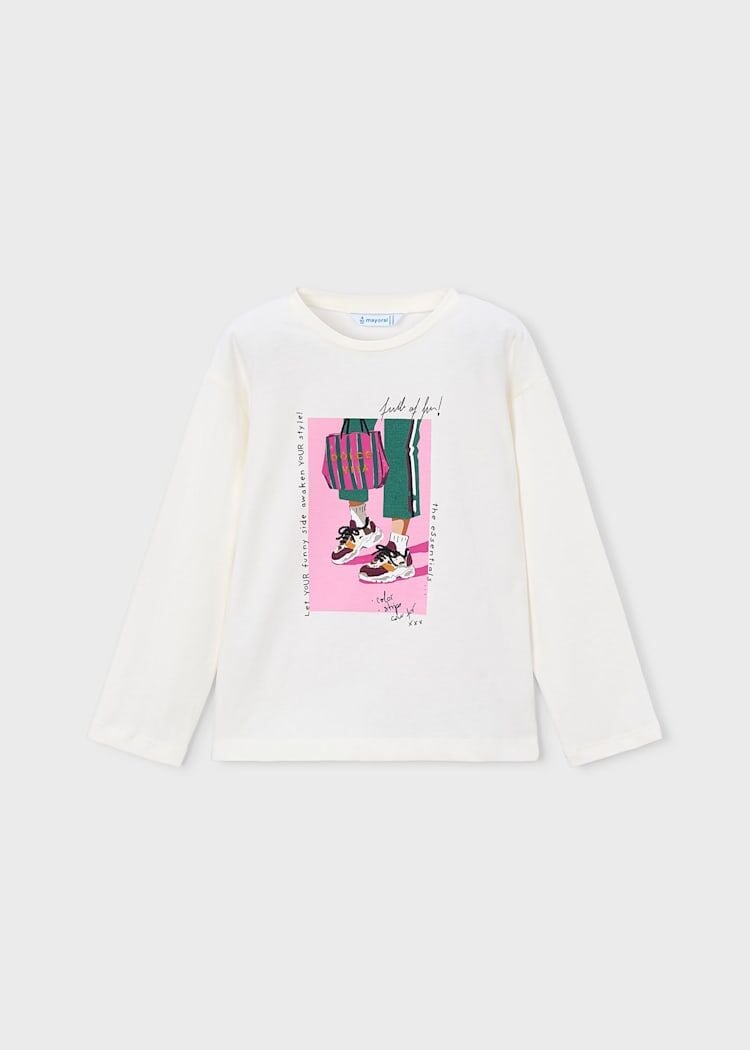 Mayoral Kız Çocuk Ekru Baskılı Uzun Kollu T-Shirt