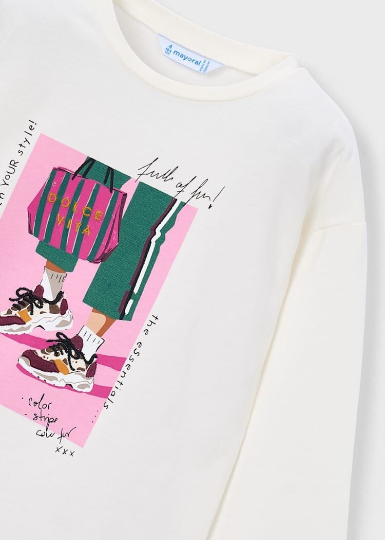 Mayoral Kız Çocuk Ekru Baskılı Uzun Kollu T-Shirt