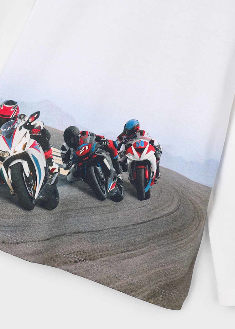 Mayoral Erkek Çocuk Motosiklet Baskılı Uzun Kollu Tişört - Beyaz